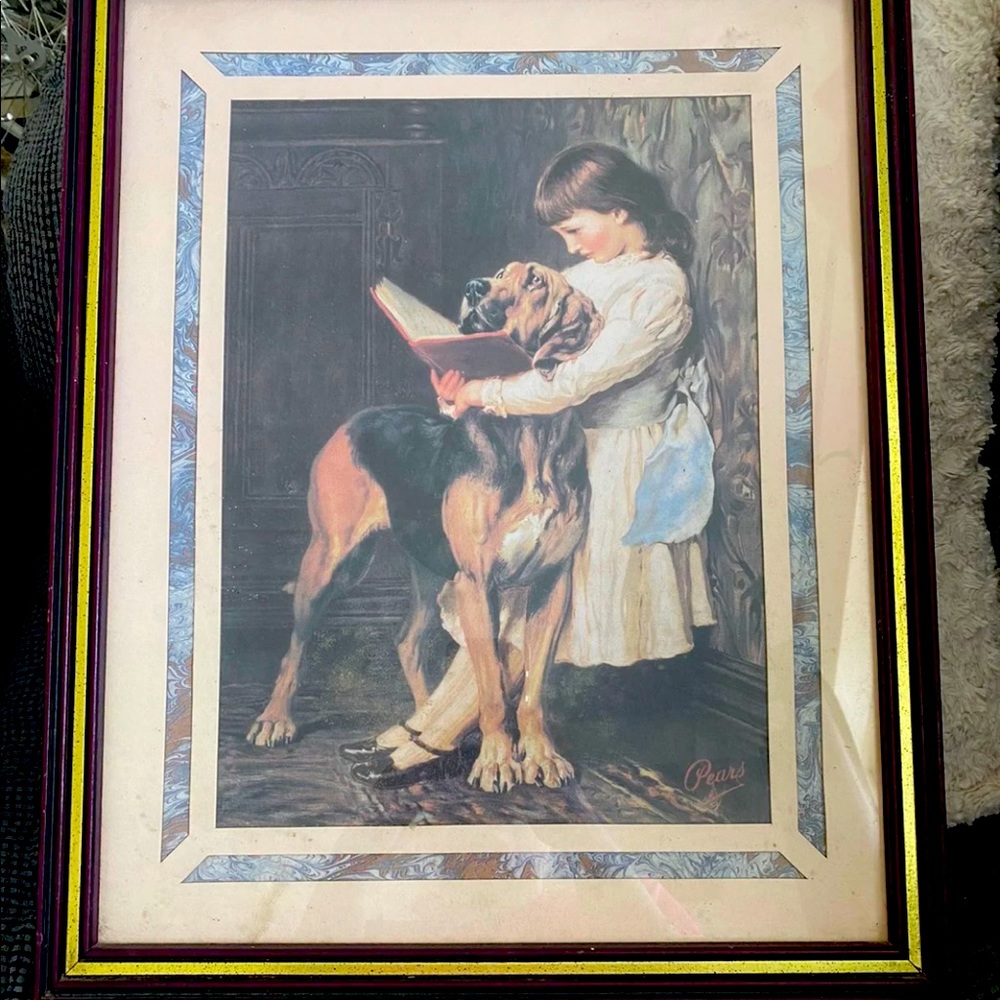 Oil painting you g girl reading her book to pet dog